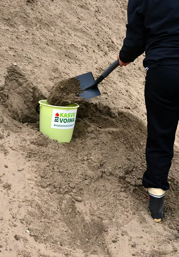 Lapioidaan multaa ämpäriin